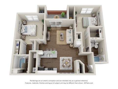 Floor plan for 2 beds, 2 baths, 1002 sqft